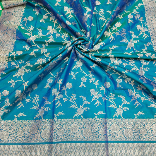 Blue-Green Golden & Silver Zari Pure Silk Banarasi Saree