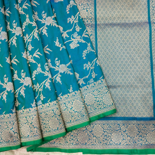Blue-Green Golden & Silver Zari Pure Silk Banarasi Saree