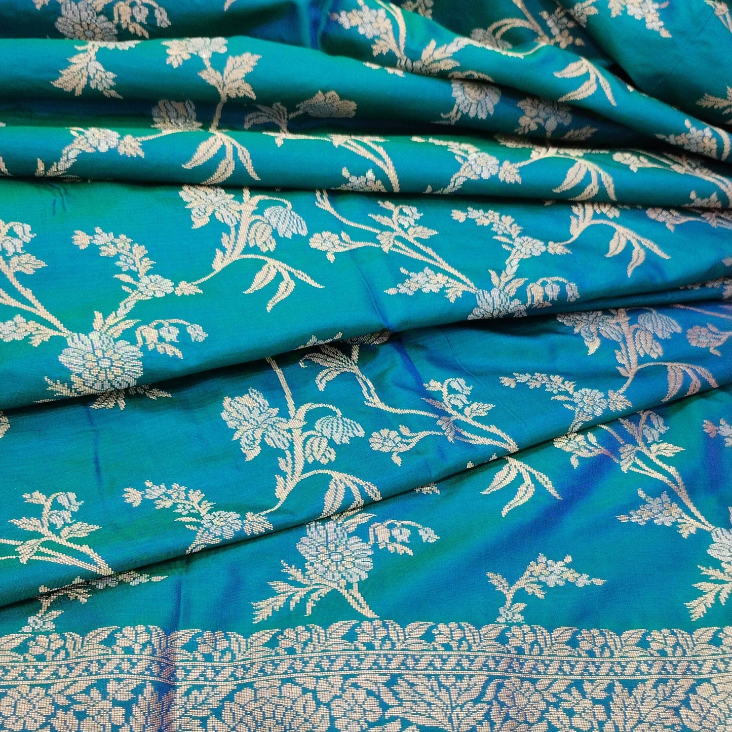 Blue-Green Golden & Silver Zari Pure Silk Banarasi Saree