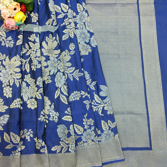 Blue Ganga Jamuna Pure Silk Banarasi Saree