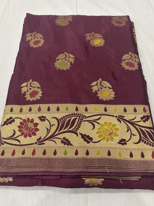 Brown Golden Zari Mashru Silk Banarasi Saree