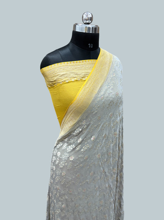 Yellow & Grey Pure Chiffon Georgette Banarasi Saree