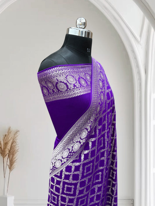 Blue-Magenta Violet Light Golden Zari Work Chiffon Pure Silk Banarasi Saree
