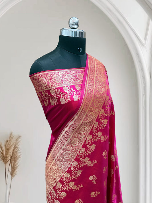 Rani with Red Shaded Zari Work and Rose Buti Design Satin Silk Banarasi Saree