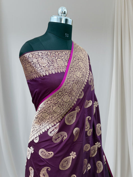 Garnet Kairi Buti Pure Kataan Silk Banarasi Saree