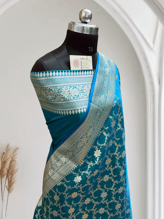 Blue-Green Jaal Pattern Satin Silk