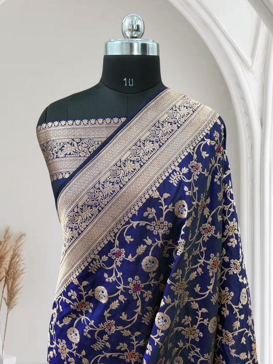 Blue Unique Jaal Pure Kataan Silk Banarasi Saree