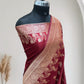 Maroon with Golden Zari Work and Rose Buti Design Satin Silk Banarasi Saree