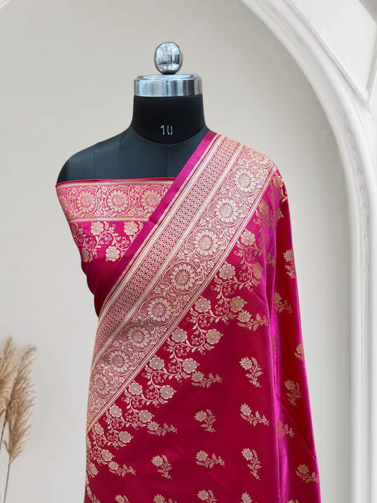 Rani with Red Shaded Zari Work and Rose Buti Design Satin Silk Banarasi Saree