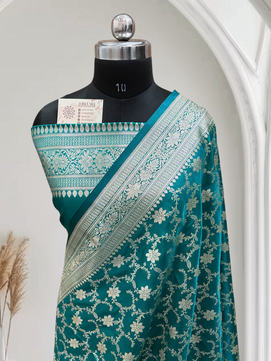 Rama Green Jaal Pattern Satin Silk Saree
