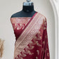 Maroon with Golden Zari Work and Rose Buti Design Satin Silk Banarasi Saree