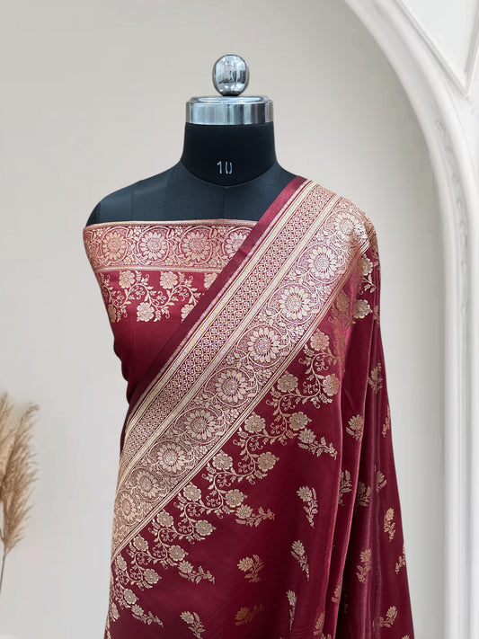 Maroon with Golden Zari Work and Rose Buti Design Satin Silk Banarasi Saree