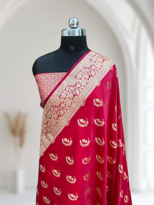 Red Chand Pattern Satin Silk Saree