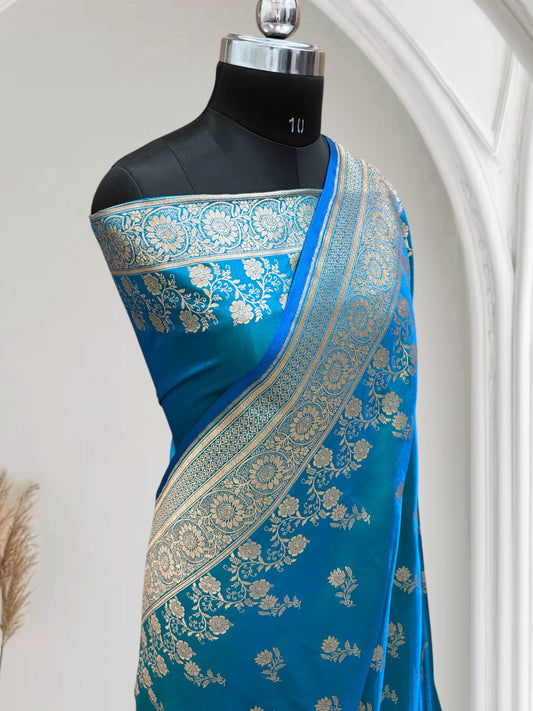 Firoza with Golden Zari Work and Rose Buti Design Satin Silk Banarasi Saree