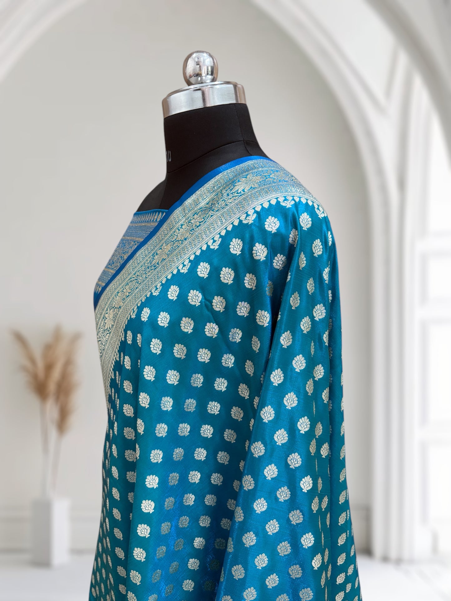 Blue-Green Buti Satin Silk Saree