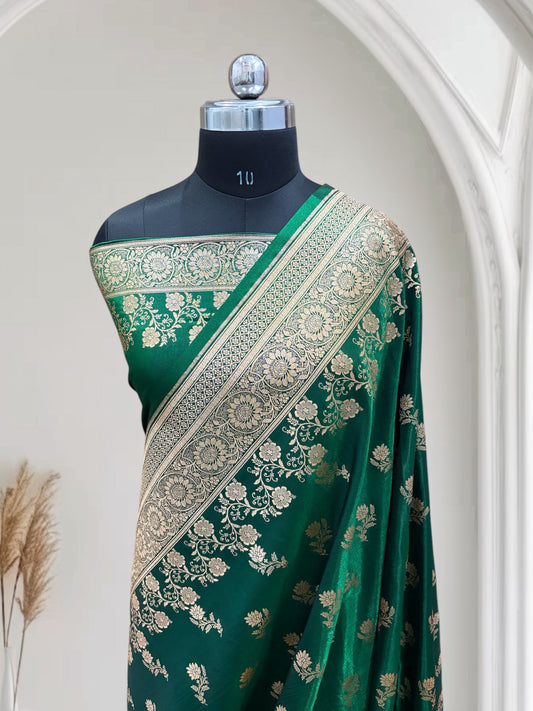 Green with Golden Zari Work and Rose Buti Design Satin Silk Banarasi Saree