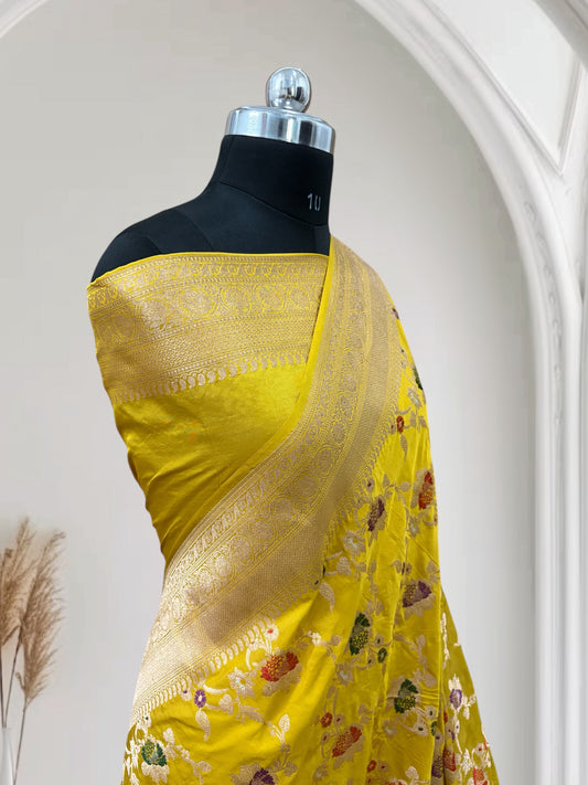Yellow Multi Colour Meena Pure Kataan Silk Banarasi Saree