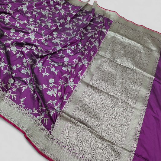 Rose Pink Golden & Silver Zari Pure Silk Banarasi Saree