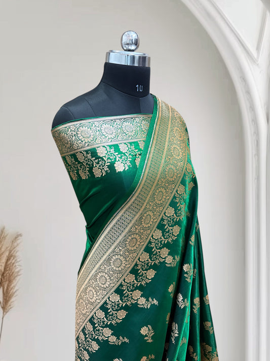 Green with Golden Zari Work and Rose Buti Design Satin Silk Banarasi Saree