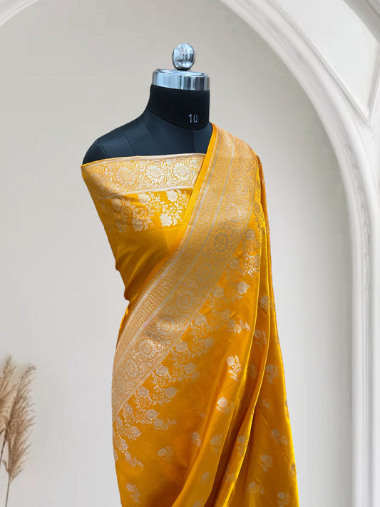 Haldi with Golden Zari Work and Rose Buti Design Satin Silk Banarasi Saree