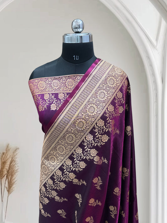 Magenta with Golden Zari Work and Rose Buti Design Satin Silk Banarasi Saree