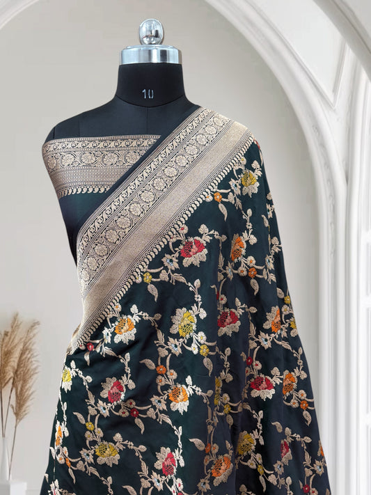 Dark Green Pure Kataan Silk Banarasi Saree with Floral Meena Jaal