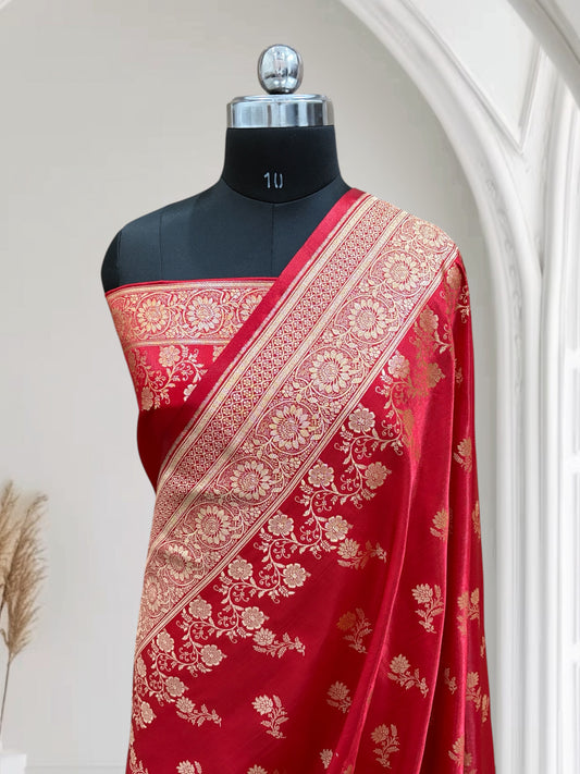 Red with Golden Zari Work and Rose Buti Design Satin Silk Banarasi Saree