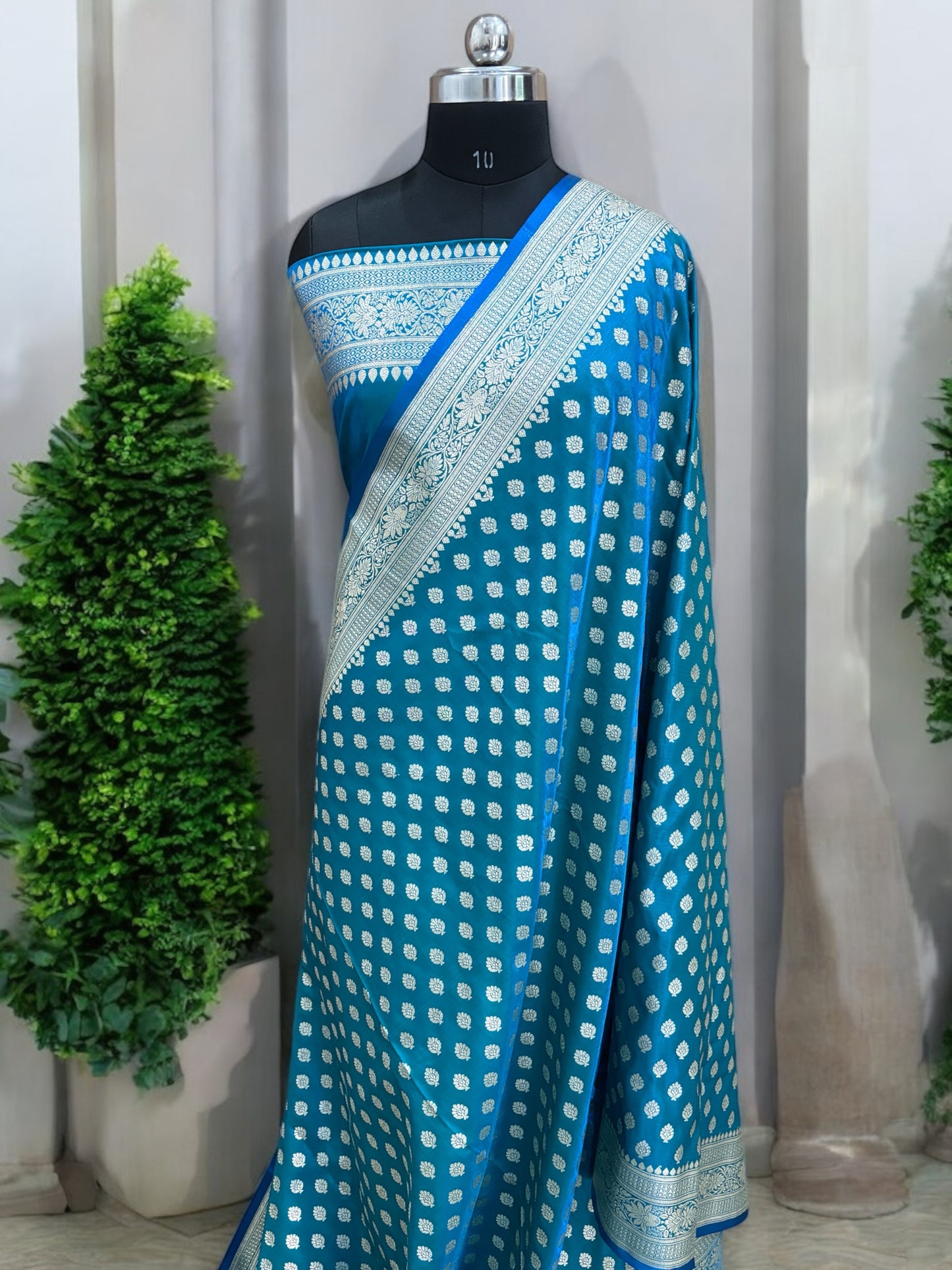 Blue-Green Buti Satin Silk Saree