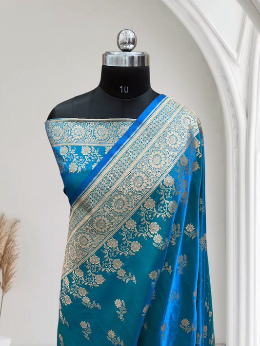 Firoza with Golden Zari Work and Rose Buti Design Satin Silk Banarasi Saree
