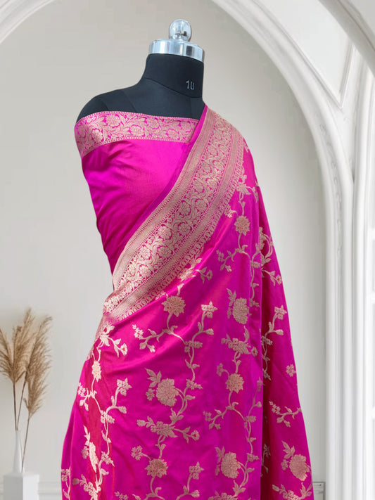 Rich Pink Pure Kataan Silk Banarasi Saree with Simple Floral Jaal