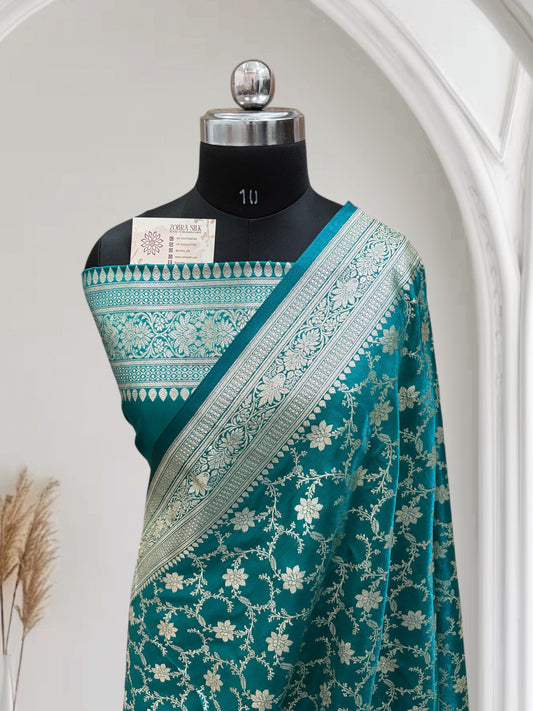 Satin Silk Banarasi Saree in Firoza