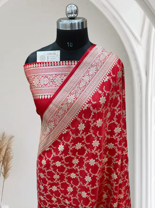 Red Jaal Pttern Satin Silk Saree